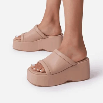 2022 kadın Sandalet Kare Ayak Deri Platformu Bayan Ayakkabıları Yaz Moda Kalın Alt Kadın Terlik Kadın Flip-flop