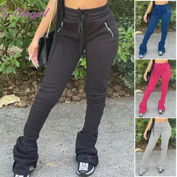 2020 Kadın Tayt Sweatpants Casual Katı Yüksek Bel Reched Çan Alt Flare Yığılmış Pantolon Fermuar Egzersiz Streetwear Pantolon