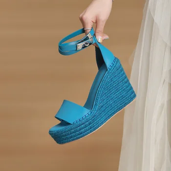 LeShıon Of Chanmeb Hakiki Deri Kadın Lüks Metal Kilit Sandalet Marka Espadrilles Takozlar Topuklu platform sandaletler Parti Bayanlar