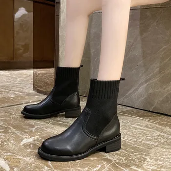2022 moda kare topuk kare topuk ve yarım çizmeler kadın yan fermuar parti elbise ofis bayanlar günlük ayakkabı siyah XL 35-40