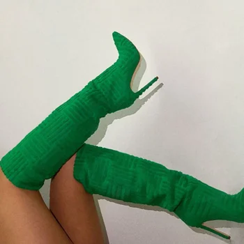 Kadın Diz Çizmeler Üzerinde Artı Boyutu 36 ~ 43 Seksi Sıcak Sivri Burun Havlu Stiletto Topuklu 2023 Kış Yeni Deri Zarif Uyluk Botas 2