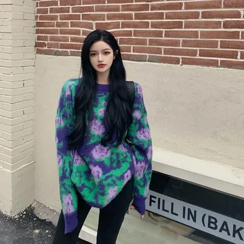 Basit Vintage Gevşek Temel Çiçek Moda Sonbahar Yeni Koleji Rüzgar Uzun Kollu Kadın Kazak Kazak
