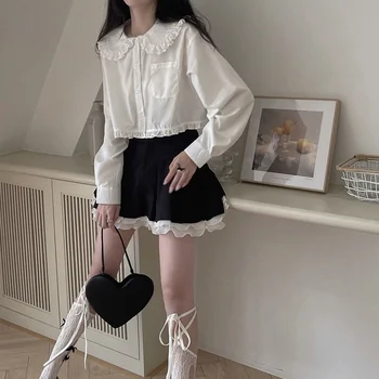 HOUZHOU Kawaii Lolita Pilili Etek Kadın Japon Tatlı Fairycore Yüksek Waisted Dantel Patchwork A-line Mini Etekler Yumuşak Kız