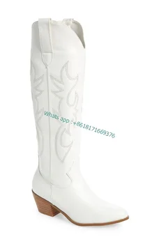 Işlemeli Diz Yüksek kovboy çizmeleri Kadınlar için Sivri Burun Tıknaz Topuk Beyaz Çizmeler Bayan Retro ayakkabı Sonbahar Lüks zapatillas mujer