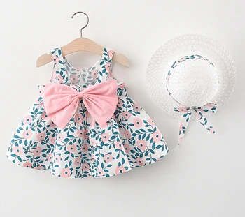 Yürüyor bebek Bebek Kız Sonbahar Elbise Kıyafetler Çiçek Kolsuz Kayış Büyük Yay + Hasır Şapka A-line Tatlı Prenses Etek