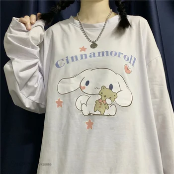 Sanrio Cinnamoroll Giysileri Uzun Kollu Japonya Tarzı Harajuku Üstleri Kadın Kadın Tees Gömlek Y2k Bahar Alt gevşek T-shirt