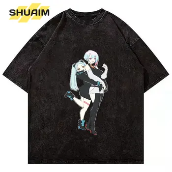 SHUAIM Harajuku Pamuk Tshirt Anime Punk Baskı Erkek T-Shirt Hip Hop Yıkanmış Streetwear Kısa Kollu Üstleri Ceket 2023 Yaz T-shirt