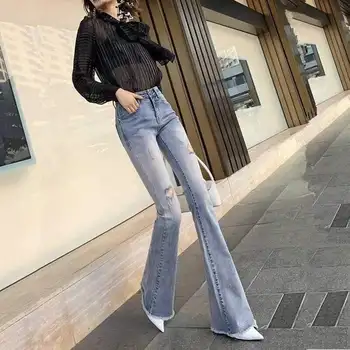 Vintage Mavi Yüksek Bel Mikro İnce Alevlendi Kadınlar İçin Yırtık Kot Rahat Trompet Denim uzun pantolon Streetwear Fishtail Pantolon