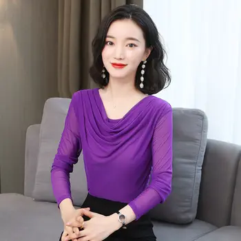 Moda Üst Kore Kat Ekip Boyun Net İplik Patchwork Uzun Kollu Düz Renk İnce Kazak T-Shirt Bahar Yeni kadın giyim