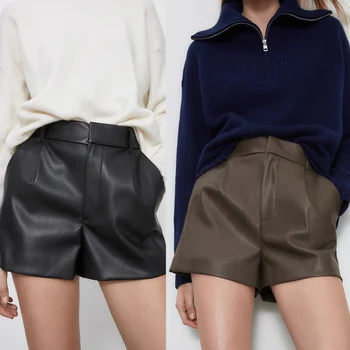 TRAF 2022 Moda kadın Şort Vintage PU Deri Şort Yüksek Bel Undefined Drapped Pantolon Kadın Ofis Giyim Şort
