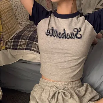 Kadın Tshirt Kırpma Üst Harajuku Baskı Yaz Kore Moda Kısa Kollu Seksi Vintage Streetwear Ins Estetik Tees Y2k Giysileri