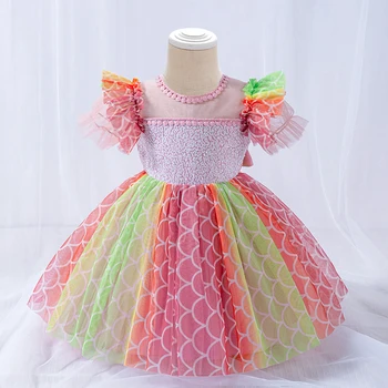 Toddler Puf Kollu Elbise 2 1st Doğum Günü Elbise Bebek Kız Giyim Vaftiz Dantel Parti Düğün Prenses Elbiseler Renkli