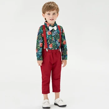 Çocuklar Çocuk noel kıyafeti Bebek Noel Resmi Giyim Seti Bebek Beyefendi Takım Elbise Yürümeye Başlayan Ekose T-Shirt + Askı Pantolon 1-5 Y