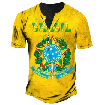 Vintage Brezilya Bayrağı erkek tişört 3D Baskılı Brezilyalı Henley Gömlek Gotik V Yaka T-Shirt Pamuk Tees Boy Streetwear Tops