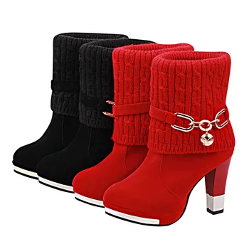 2021 Kırmızı Orta Buzağı Çizmeler Yüksek Topuk Çizmeler Sıcak Peluş Kış kadın ayakkabısı Mujer Bayanlar Ayakkabı çizmeler kadın