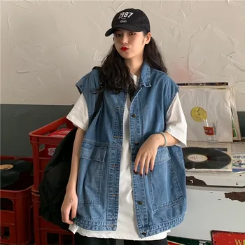 Yelek Yelekler Kadın Kot Ceket Gevşek Vintage Temel Serin Sokak Giyim Öğrencileri Kore Tüm Maç Kargo Kolsuz Kadın Üstleri Yeni