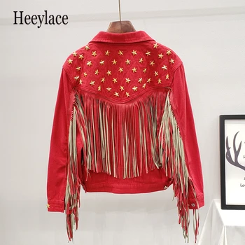 Denim Kadın Ceket 2020 Sonbahar Vintage Yıldız Perçin Süet Fringe püskül Gevşek denim Ceket Uzun Kollu Giyim Kadın Boho Ceket