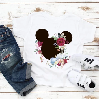 ÇİÇEK Mickey Mouse Kafa Çocuk Üstleri Harajuku Moda Tshirt Rahat Basit Çocuklar T Shirt Disney Giysileri Marka Yaz
