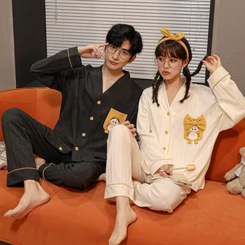 Kore Tatlı Çiftler Pijama Erkekler Uzun Pijama Seti Kadın Gecelik Erkek Kadın Pijama Pjs Rahat Ev Giysileri Homme Damla gemi