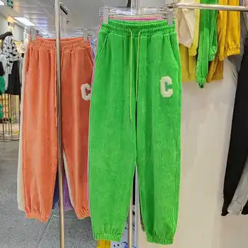 Şeker Renk Mektup İşlemeli Sweatpants Kore Sonbahar Kış Yeni Kadın Gevşek Geniş Bacak Kadın Eğlence Ayak Bileği Bağlı harem pantolon