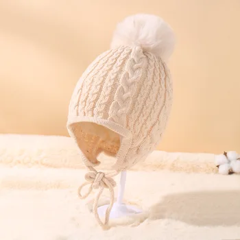 Sevimli Örgü Bebek Kış Şapka Kalın Sıcak Kulak Bebek Kız Erkek Ponpon Şapkalar Düz Renk Bandaj Çocuk Bere Kap Bebek Kaput 2022