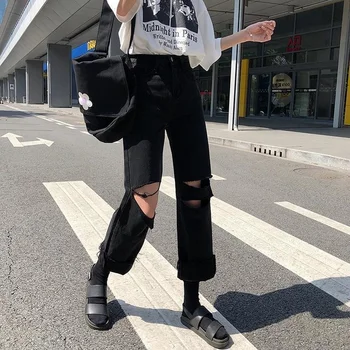 Kot Kadın Sonbahar Yeni Yüksek Bel Kot Saf Siyah Ayak Bileği uzunlukta Delik Tüm Maç Rahat Günlük Moda Tasarım Bayan Harajuku Pantolon