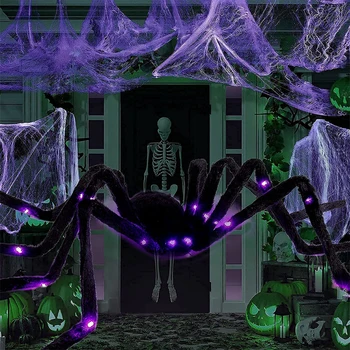 Cadılar bayramı Dekorasyon Perili Sahne Siyah Korkunç Dev Simülasyon Örümcek mor led ışık Kapalı Açık Perili Dekorasyon