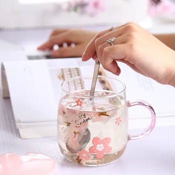Japon Tarzı Kiraz Çiçeği içme bardakları Bardak Kawaii Kahve kaşıklı kupa Süt Çay Suyu Su cam kupa Drinkware Hediye