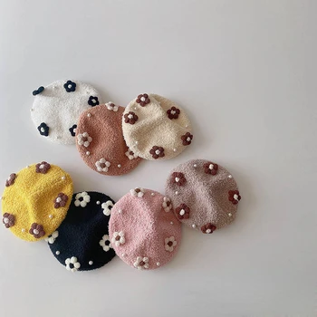 Çocuk Bere Sonbahar Kış Şapka Yeni 3D İnci Çiçek Ressam bere şapkalar Kızlar için Örme Sıcak Unisex Bebek Tüm Maç Kap