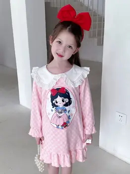 2022 Sonbahar Kızlar Rahat Sevimli Elbise Küçük Kız Yürümeye Başlayan Pijama Dantel Yaka Prenses Elsa Elbiseler Çocuklar Karikatür Bahar Giyim