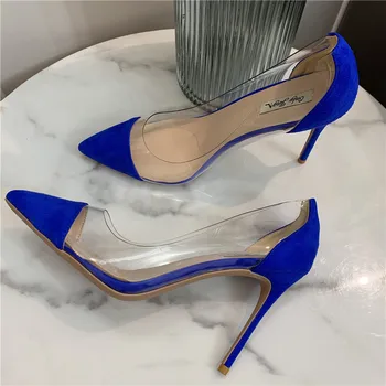 Seksi bayan moda kadın ayakkabı mavi süet deri sivri burun stiletto striptizci Yüksek topuklu pompalar 12 cm büyük boy 44