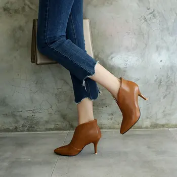 ZawsThia 2020 kış sıcak yeni moda PU sivri burun V kesim kadın botları ince yüksek topuklu yarım çizmeler kadın ayakkabıları büyük boy 44 45 46