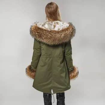 Kış Kadın Gerçek Kürk Ceket Uzun Tavşan Kürk astar kapüşonlu parka Büyük Rakun kürk Yaka Kalın Sıcak Ceket Yıldız aynı stil