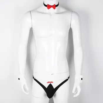 Erkek İç Çamaşırı Butler Smokin Takım Elbise Tanga G-string Külot Yaka ve Bilezik İç Çamaşırı Butler papyon Smokin Seks Kostüm