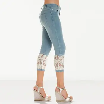 Yeni Kot kadın Dantel Eklenmiş Buzağı Uzunlukta Pantolon Moda Mavi Rahat kalem pantolon Boyutu S-5XL