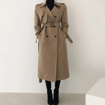 Sonbahar Kış Kadın Uzun Trençkot Kemer Uzun Kollu Kruvaze Bayan Ceket Giyim Rahat Casaco Feminino