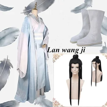 Lan Wangji Cosplay Kostüm Mo Dao Zu Shi Orijinal Lan Zhan Antik Kostüm Peruk Wei Wuxian Yiling Patrik kostüm + peruk + çizmeler