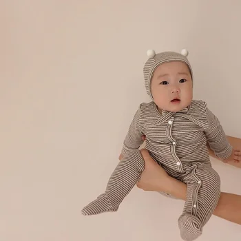 0-24M Yenidoğan Çocuk Bebek Erkek Kız Kış Giysileri Uzun Kollu Çizgili Pamuk Romper Sevimli Tatlı Tulum Bebek Giyim Kıyafet
