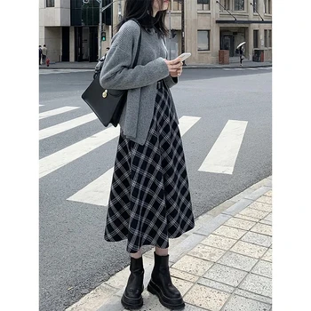 Gotik Ekose Vintage A-Line Etek Kadın Yüksek Bel Sonbahar Kış Etek Kore Moda Rahat Vahşi Günlük Midi Saia Streetwear