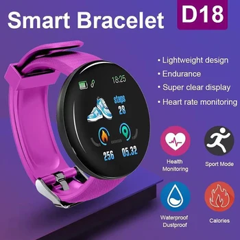 D18 akıllı bilezik renk yuvarlak ekran kalp hızı kan basıncı uyku monitör yürüyüş egzersiz fitness akıllı saat