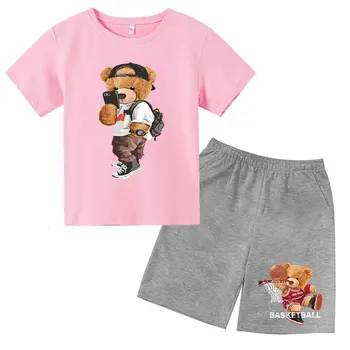 Yeni Karikatür Basketbol Ayı Takım Elbise Çocuk Kısa kollu Elbise T-shirt Takım Elbise Basketbol T-shirt Takım Elbise Yaz Erkek ve Kız Bebek