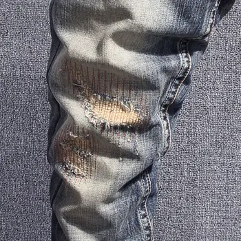 Italyan Tarzı Moda Tasarımcısı Erkek Kot Retro Slim Fit Yırtık Kot Erkekler Delik Pantolon Yamalı Vintage Rahat Kot Pantolon Hombre