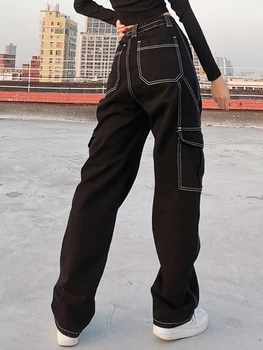 Weekeep Cepler Patchwork Baggy Kot Moda Streetwear %100 % Pamuk Kadın Kot Pantolon Gevşek Kargo Pantolon kore kotu Harajuku