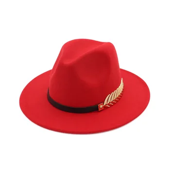 Kış Keçe Caz Şapka Kadın Erkek Taklit Yün Fedora Şapka 60 cm Kaplama Yaprak PU Deri Band Klasik Düz Ağız Cloche Kap