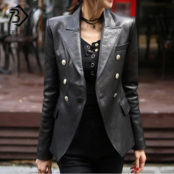 2020 Yeni Moda Kadınlar İlkbahar Sonbahar siyah suni deri ceketler Düğmeler Temel Ceket Turn-aşağı Yaka Biker Ceket C9D206M