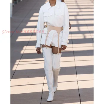 Beyaz Metal Kemer Toka Uyluk Yüksek Çizmeler Uzun Kare Ayak Funky Yüksek Tıknaz Topuklu Kadın Kayma Modern Moda Çizmeler Kış