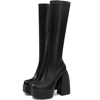 Sonbahar kış çizmeler punk tarzı elastik mikrofiber ayakkabı kadın binici çizmeleri siyah kalın platformu uzun diz yüksek çizmeler yüksek topuklu