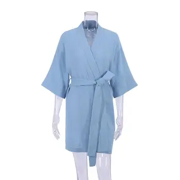 Kadın Sabahlık Çift Katmanlı Gazlı Bez Pijama Rahat Kimono Bornoz Elbisesi Gecelik Seksi Kıyafeti Gelin Düğün Hediyesi