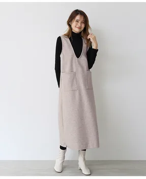 2022 Sonbahar ve Kış Yeni Stil uzun elbise Japon Yün Yelek Kadın Orta uzunlukta Yelek Etek Dip Elbise Kazak Yelekler
