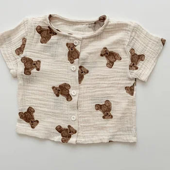Yenidoğan Bebek Kız Erkek Karikatür Ayı pamuklu giysiler Seti Gömlek + Kısa Romper Çocuk Giyim Takım Elbise Yaz Üst Bebek Giysileri 9 M-2 T